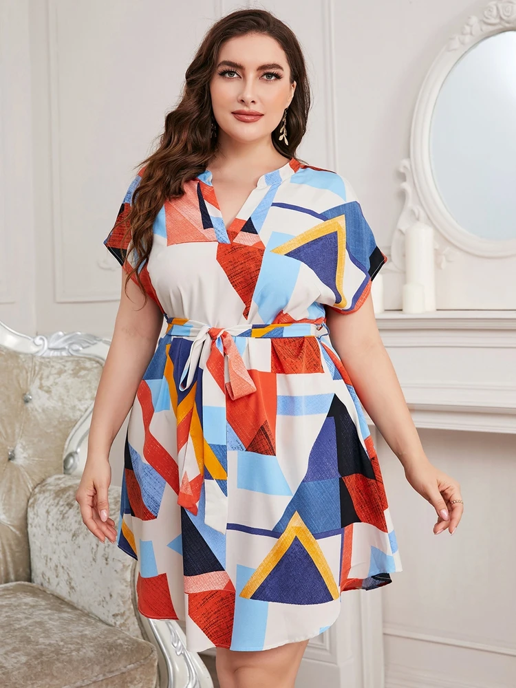 

Платье женское с высокой талией, пикантное модное свободное с поясом и V-образным вырезом, большие размеры 8XL 7XL 6XL 5XL, лето