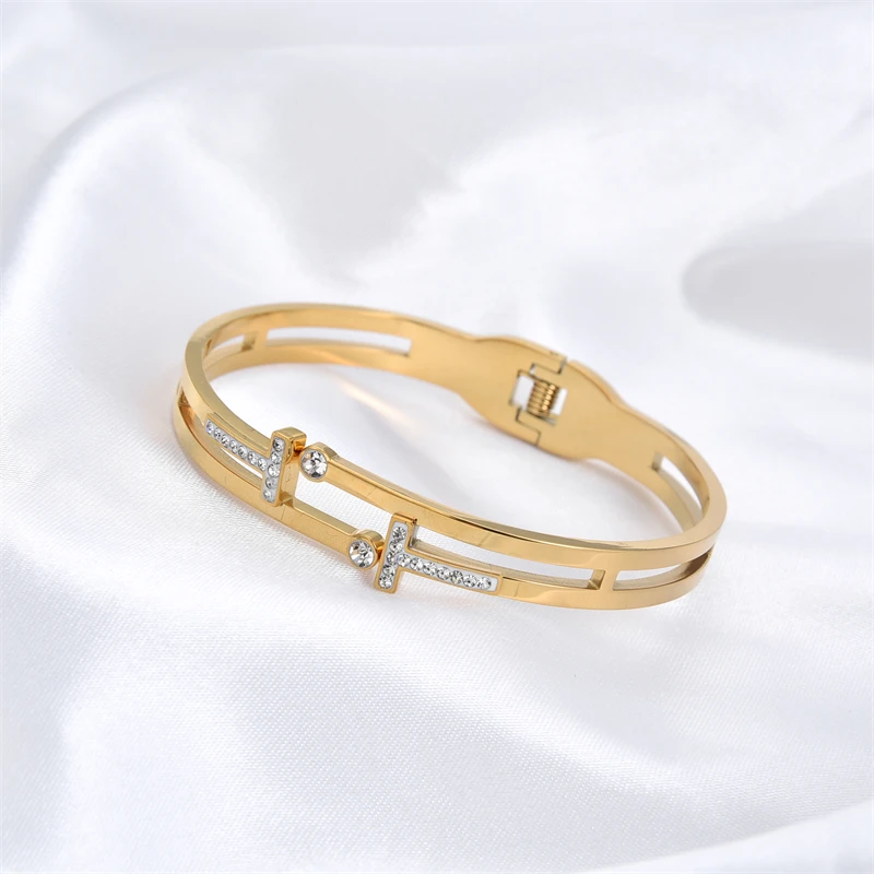 

New Popular Style Stainless Steel Jewelry Bracelet Double T Bracelet Female Trend Open Buckle Spring Bracelets For Women