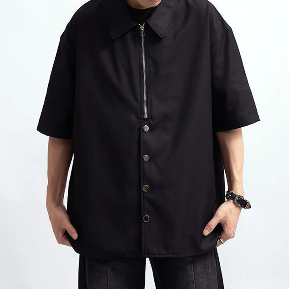 

2023 Summer New Hiphop Shirt Y2K Fashion Zipper Breasted Solid Color Loose Temperament Lapel Functional Top Men's Clothing