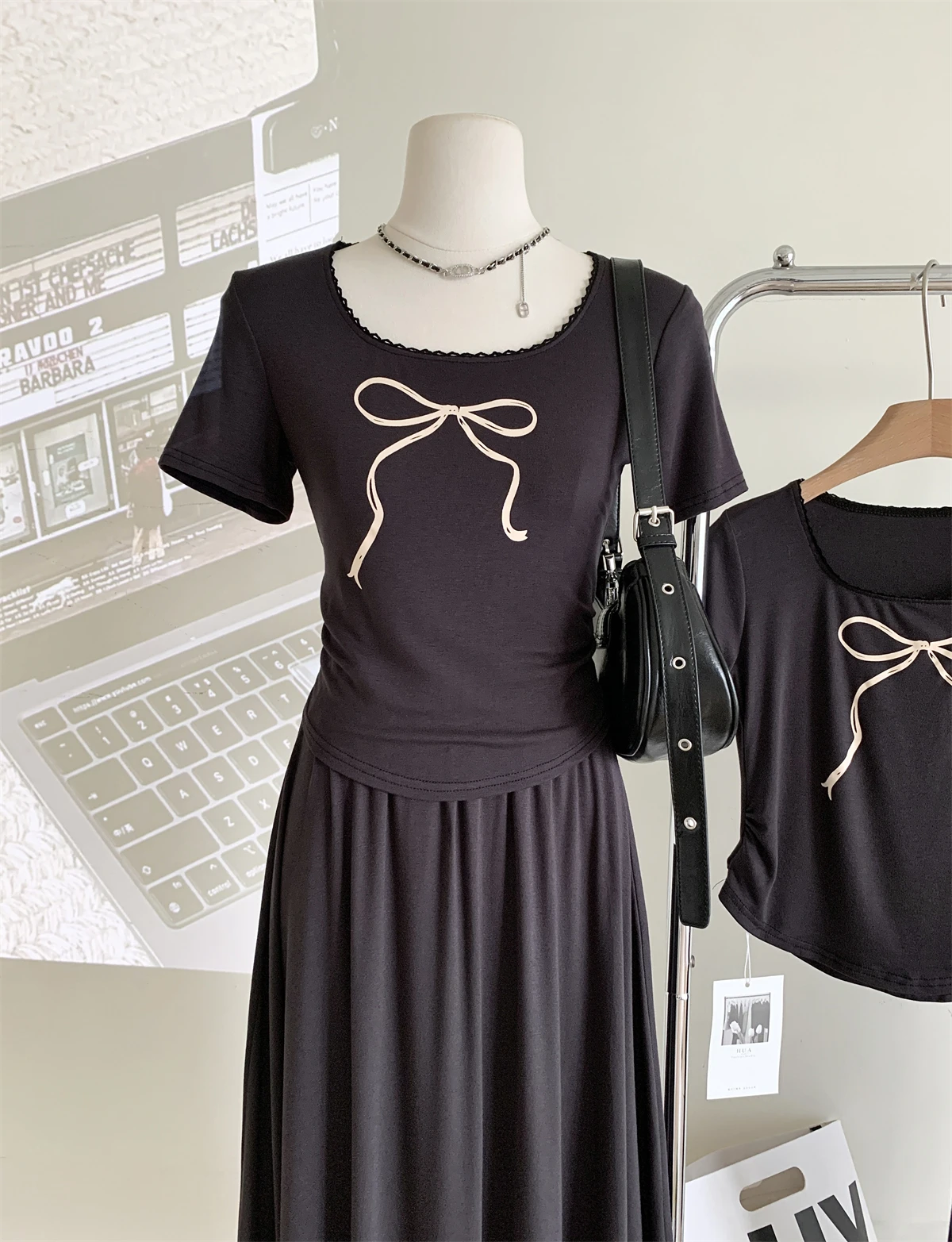 Женский Повседневный комплект из 2 предметов черная футболка с коротким рукавом