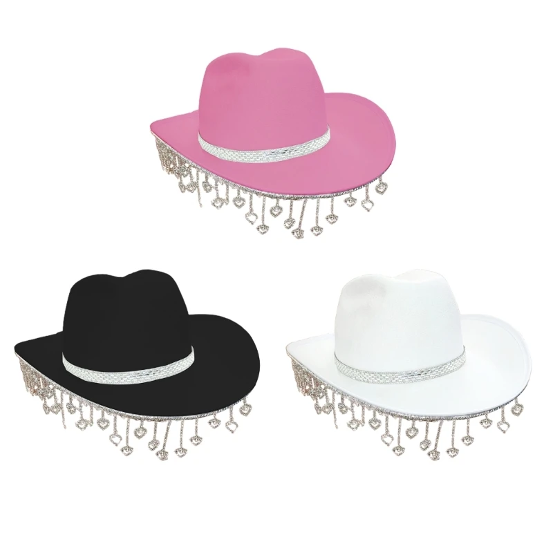 28TF Cowgirl Hats Shimmering Tassels Bachelorette Party Fedora Hat for Bride to Be