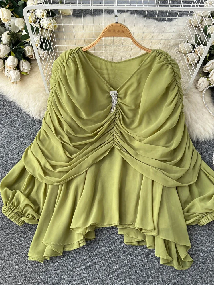 

Женская плиссированная Блузка с драпировкой, элегантная винтажная блузка зеленого/белого цвета с V-образным вырезом и пышными рукавами, элегантный топ с бахромой, новинка на осень