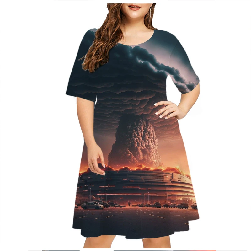 Женское платье с принтом молнии коротким рукавом и круглым вырезом
