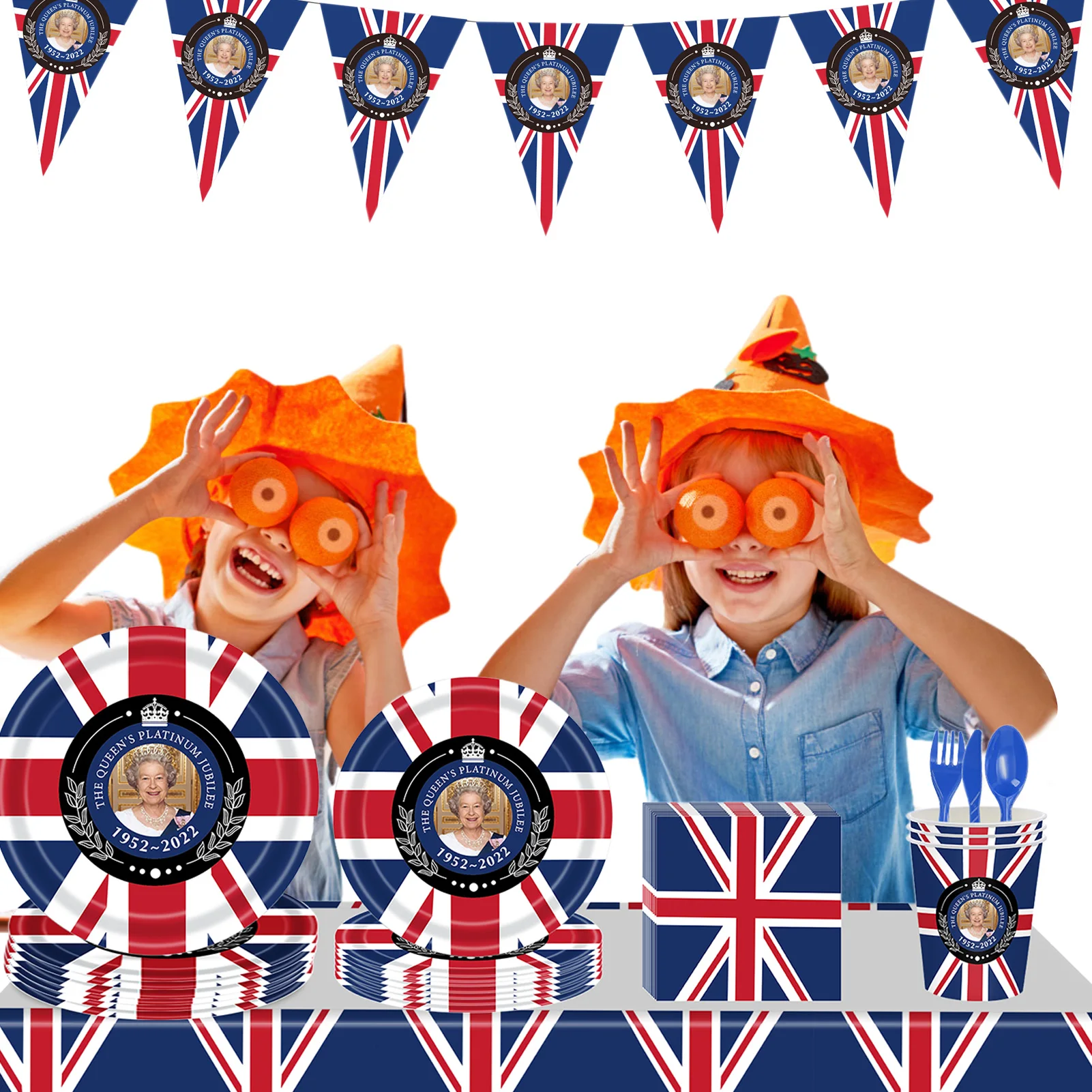 

118Pcs Union Jack Tableware Set British Flag Tableware Kit Union Jack Napkin/Cup/Table Cover/Plate Serviettes Tablecloth Queen's