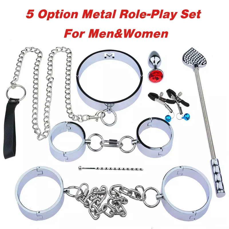 High quality stainless steel BDSM large suit binding anus plug whip collar handcuffs ankle with traction rope adult game toys