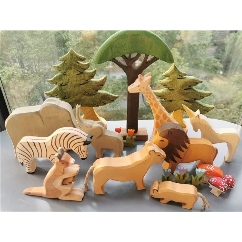 

Colorful Wooden Animals Handmade Basswood Stacking Blocks Toys Forest Trees Lion Tiger Elephant Giraffe Bear Kangaroo for Kids