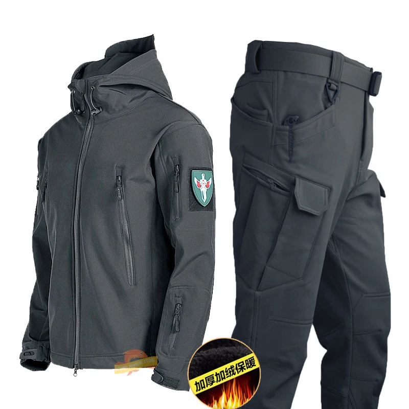 

Men Military Shark Skin Soft Shell Fishing Jacket Tactical Windproof Waterproof Set Man Army Combat Hooded Jacket Hiking Clothes