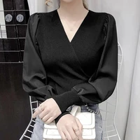 puff sleeve top women 2021 spring and autumn v neck chiffon stitching long sleeved knitted bottoming shirt solid casual