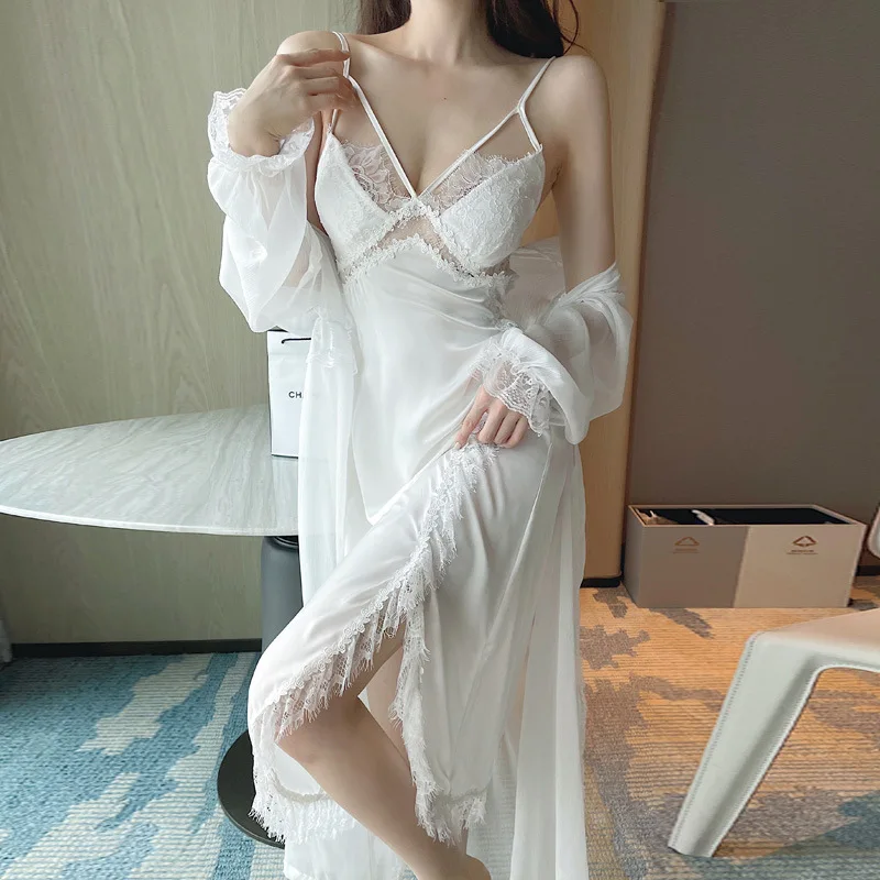 

Long White Lace Nighty&robe Set Sexy Split Chemise Sleepwear Women Elegant Mesh Kimono Bathrobe Gown Hollow Out Home Dressing