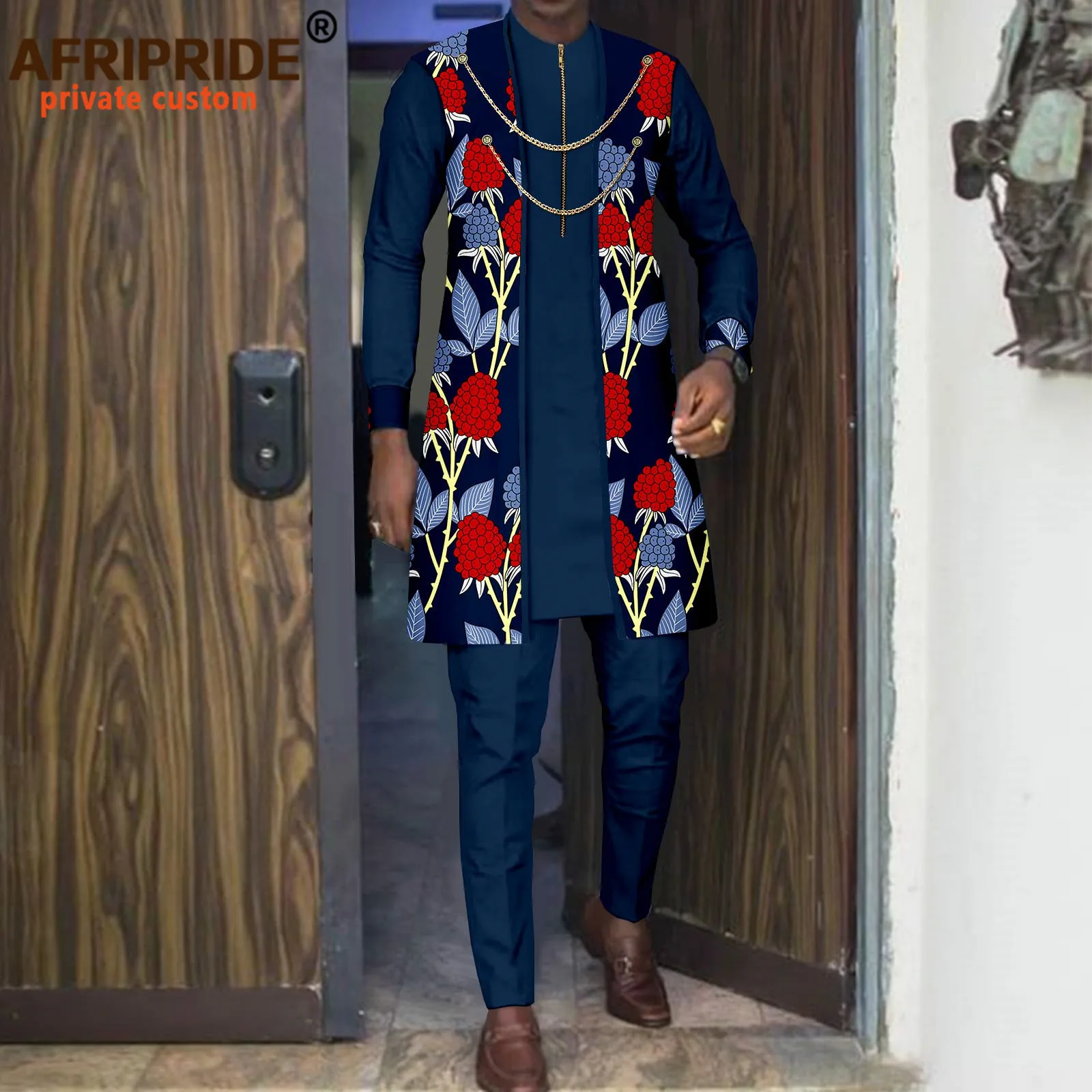 African Clothing for Men Two Chain Zip Jacket Shirts and Ankara Pants 3 Piece Set Print Outfits for Wedding Evening A2216004