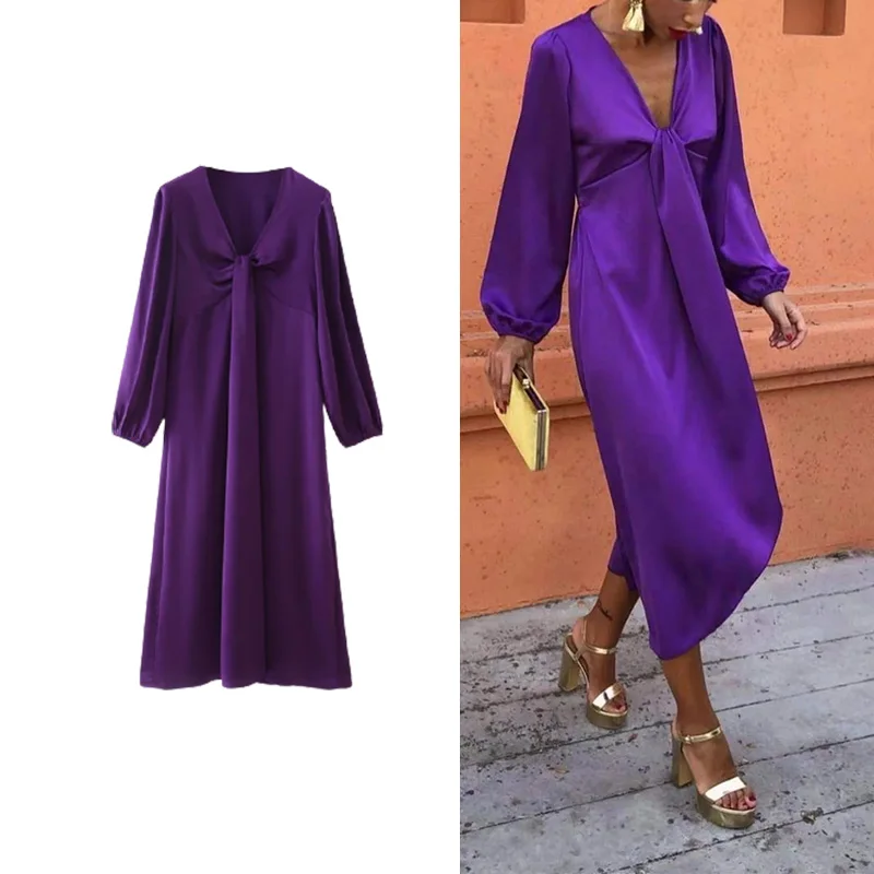 

Za 2021 New Dress Woman Chest bow Dress Long Women Casual Long Sleeve Dresses Spring and Autumn Fashion Party Style Dresses