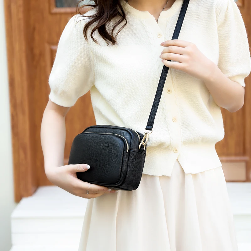 Genuine Cowhide Top Layer Leather Fashion Women Bag High Quality Multi Layer Zipper Shoulder Bag Ladies Black Shell CrossBodyBag