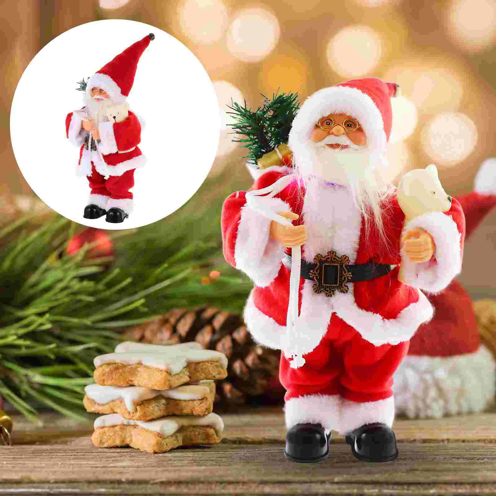 

Electric Santa Claus Christmas Holding Bear Singing Dancing Santa Figurine Plush Table Ornament for Xmas