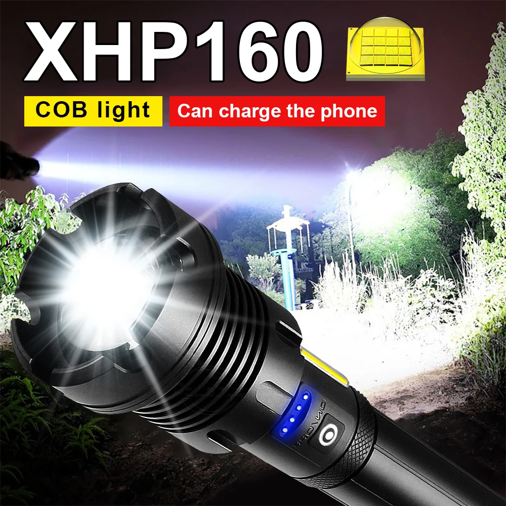 

Новейший самый мощный светодиодный фонарик XHP160 + COB фонарь для кемпинга на открытом воздухе зум водонепроницаемый фонарь 18650 Usb перезаряжаем...
