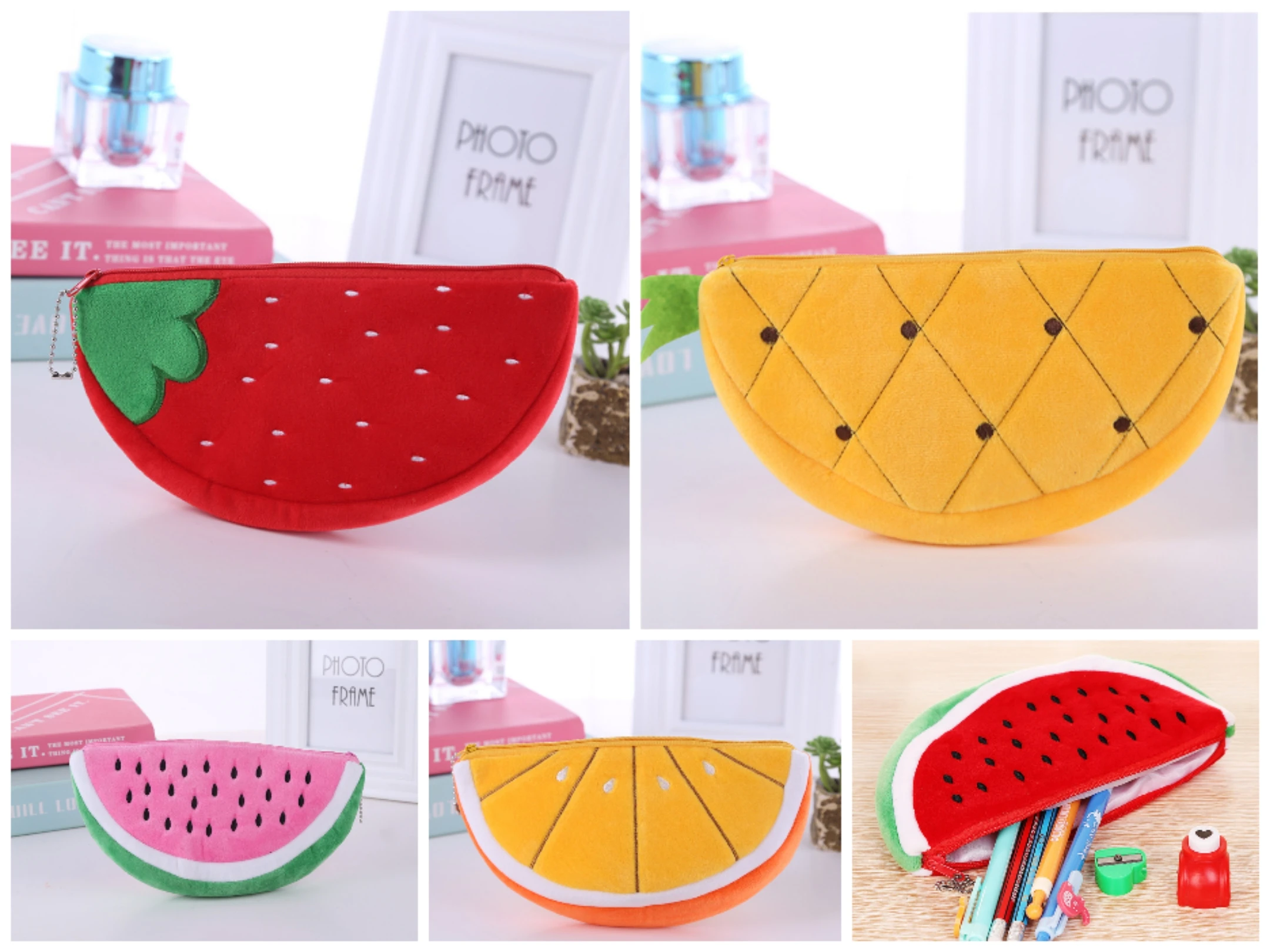 

Wholesale 20pcs Cute Cartoon Creative Fruit Watermelon Orange Pencil Case Pen Bag Plush Stationery Student Girl School