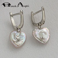 black angel prevent allergy baroque style earrings for women natural freshwater pearl love heart earring wedding party jewelry