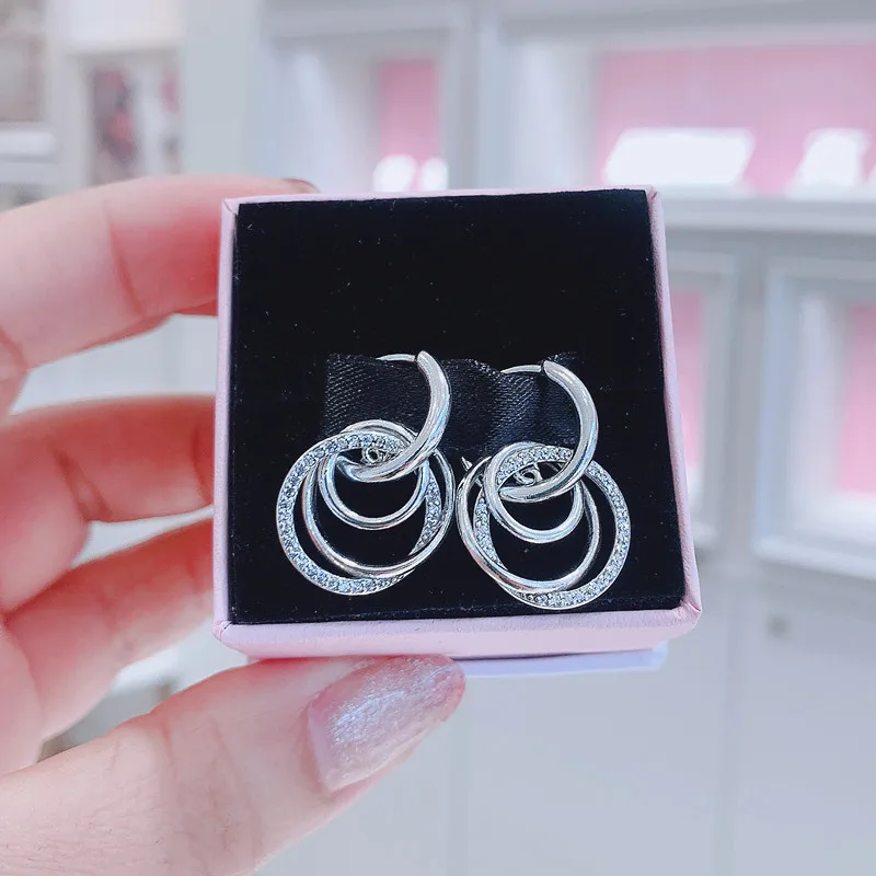 

925 Sterling Silver Family Always Encircled Hoop Earrings Fits All European Pandora Jewelry For Women