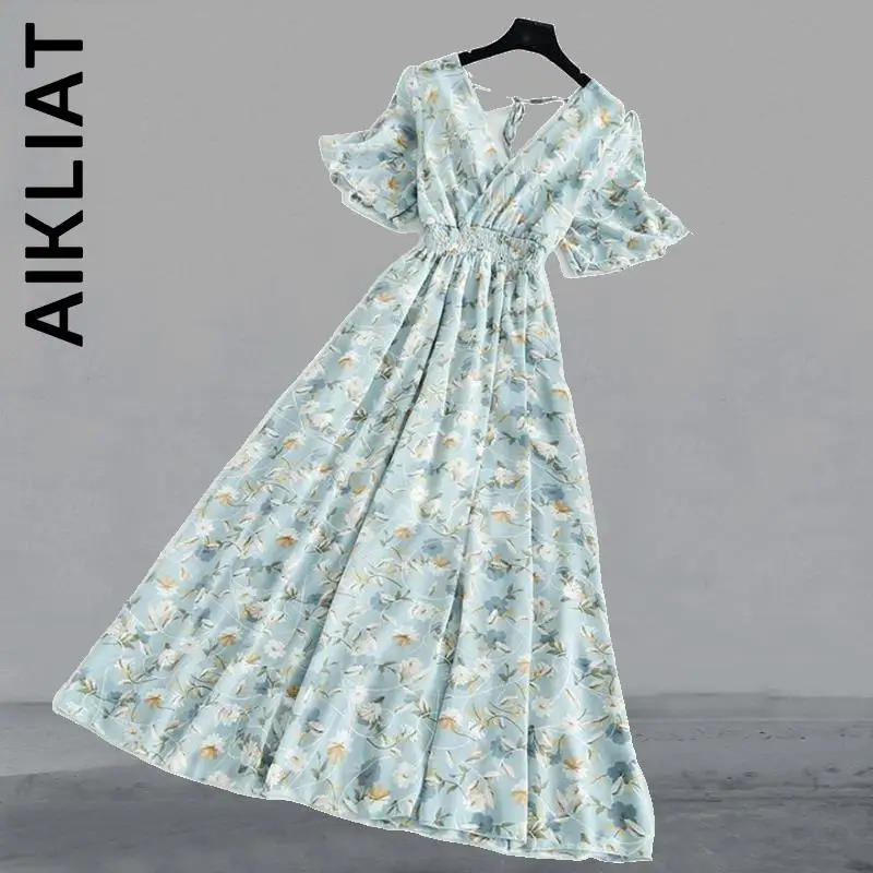 

Aikliat New Women Dress Slim Dresses For Women Ruffled Backless Short-sleeved Chiffon Dress Korean Stylish Clothing Vestidos