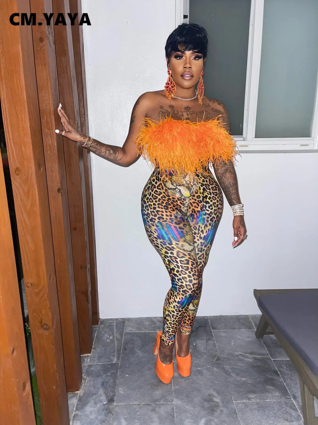 

Элегантный женский леопардовый костюм CMYAYA из леггинсов и брюк без рукавов и бретелек с меховым воротником комплект из двух предметов 2022 нар...