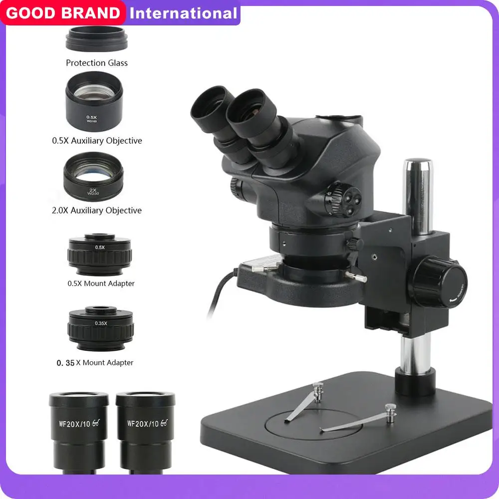 

3.5X-90X 180X Continuous Zoom Simul Focal Trinocular Stereo Microscope Magnification 0.35X 0.5X CTV Adapter For Phone PCB Repair