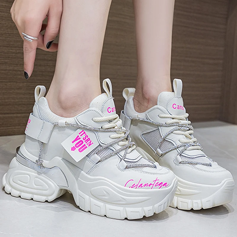 2023 Comfy 10.5cm Air Mesh Hollow Female Platform Wedge Chunky Sneakers Genuine Leather Rhinestone Fashion Summer Women Shoes