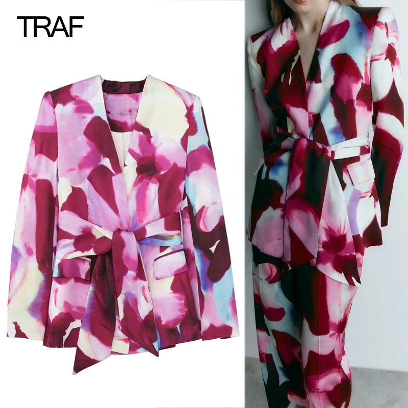 

TRAF Women's Printed Blazers Casual Lacing Blazers For Women Elegant Stylish 2022 Summer Women's Chic Office Wear Blazer Suits