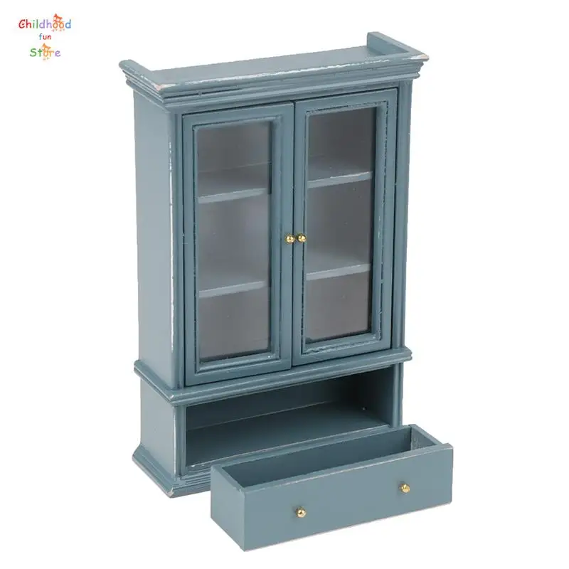 

1:12 стеллаж для кукольного домика, стеллаж для книг, синяя двойная дверь, стеклянный шкаф, модель, дисплей, буфет, Декор