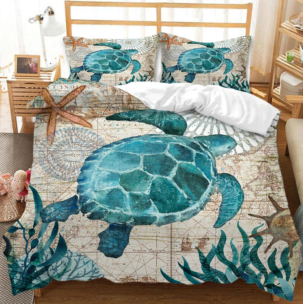 

Sea Turtle Bedding Ocean Duvet Cover Set Teal Mediterranean Style Marine Themed Design Ocean Bedding Sets Queen King Twin Size