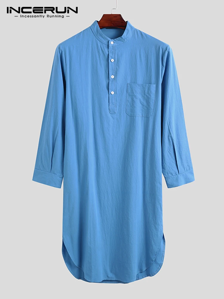 INCERUN Men Fashion Comfy Nightclothes Casual Sleep Robes Long Sleeve Round Neck Sleep Shirts Male Casual Solid Nightgown Robes