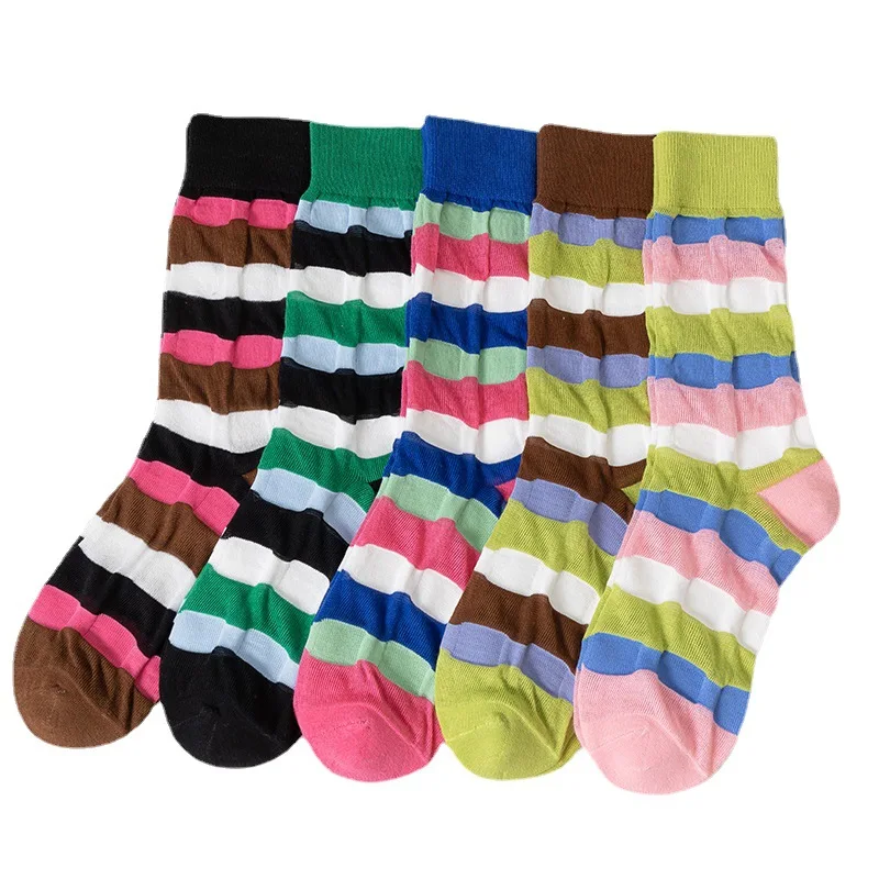 Korean Pleated Striped Mid-tube Socks Women's Contrast Color Harajuku Lantern Sock Trend Color Cotton Ins Tide Skateboard Socks
