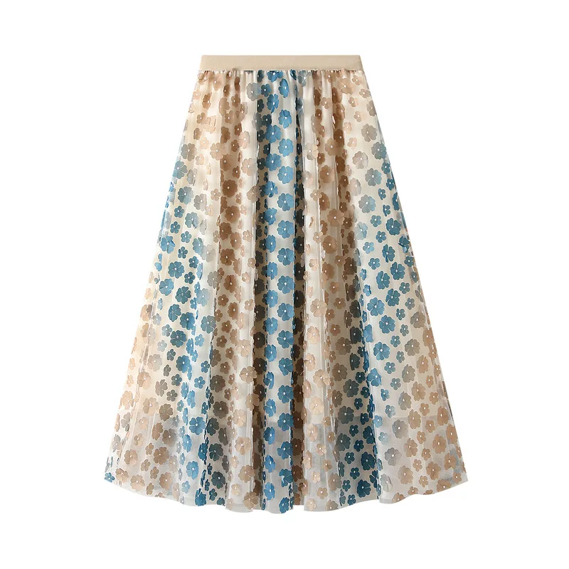 

Heavy Industry Embroidery Flower Skirt Women 2023 Spring Summer Long A-line Fluffy Umbrella Tulle Skirt Women