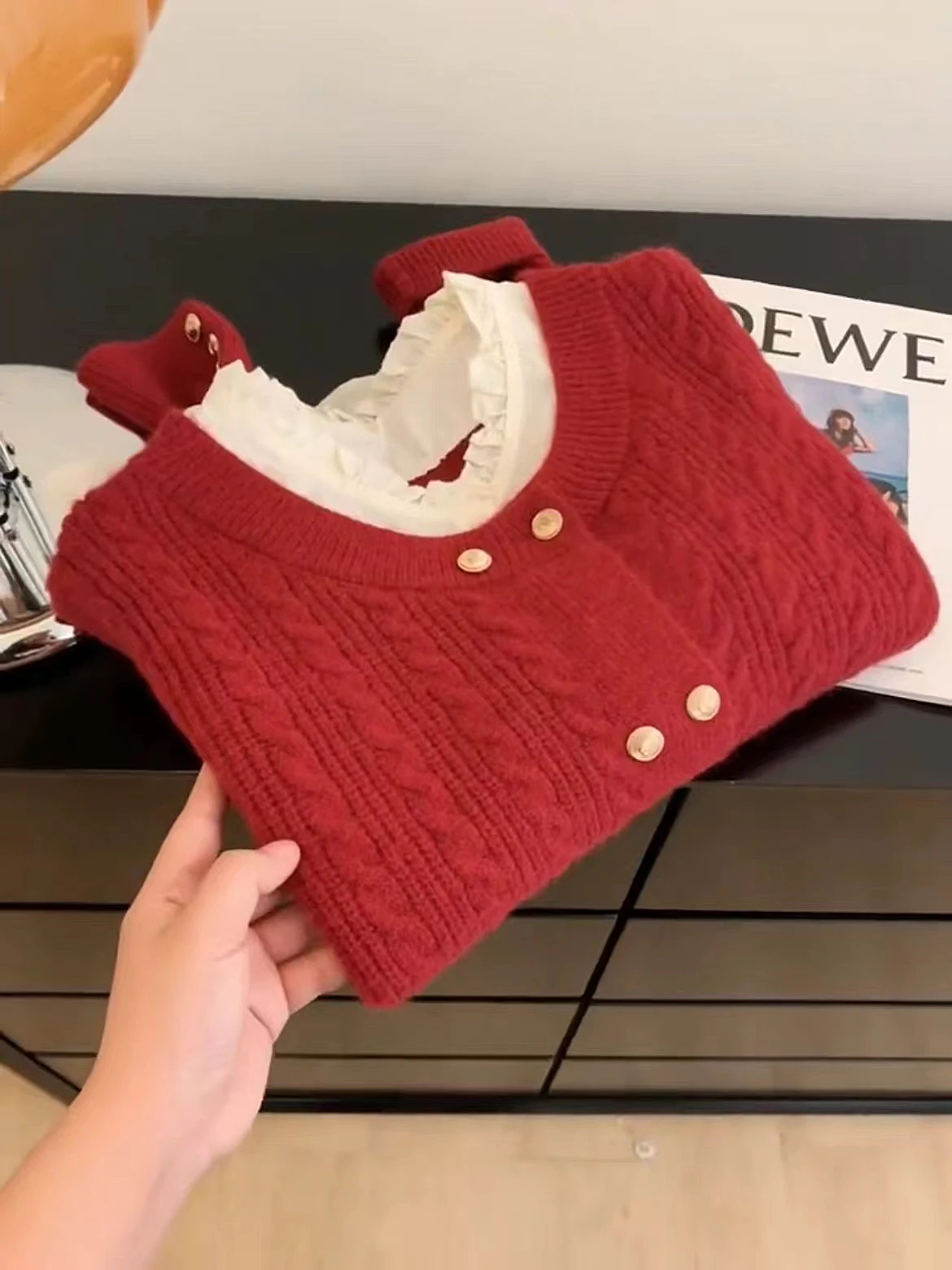 Красный искусственный двухсекционный вязаный кардиган женский осенне-зимний