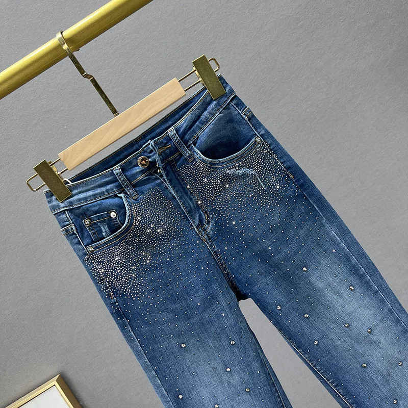 Jeans for Women 2022 New Thin Summer Clothing High Waist Slim Fit Denim Trousers Heavy Hot Drilling Flare Pants Ladies Blue Jean
