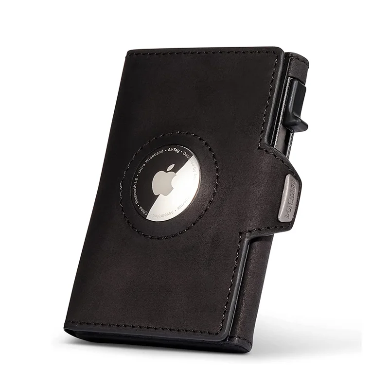 

Crazy Horse Skin Wallet Men's Minimalist Ultra Thin Metal RFID Card Holder Air Tag Cover