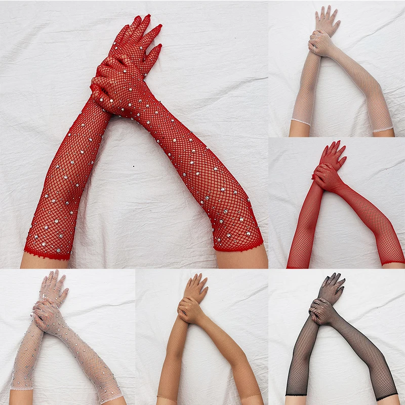 

Stretch Rhinestones Five Fingers Mittens Thin Cosplay Sexy Solid Color See-through Punk Transparent Stage Performance Gloves