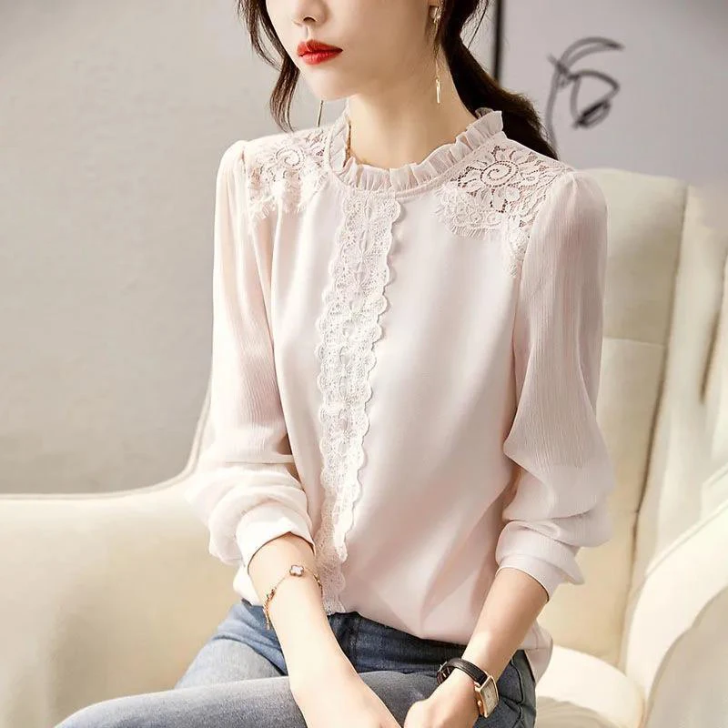 Ladies round neck shirt lace chiffon shirt women 2022 spring and autumn new small shirt Korean  slim  women blouse  Streetwear