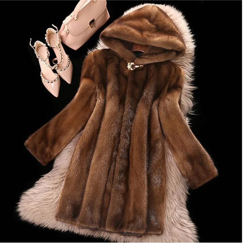 Women Mink Coats Female Mink Fur Coat Hooded Long Fur Coat Ladies Thick Warm Luxury Winter Clothes Large Size Faux Fur Coats