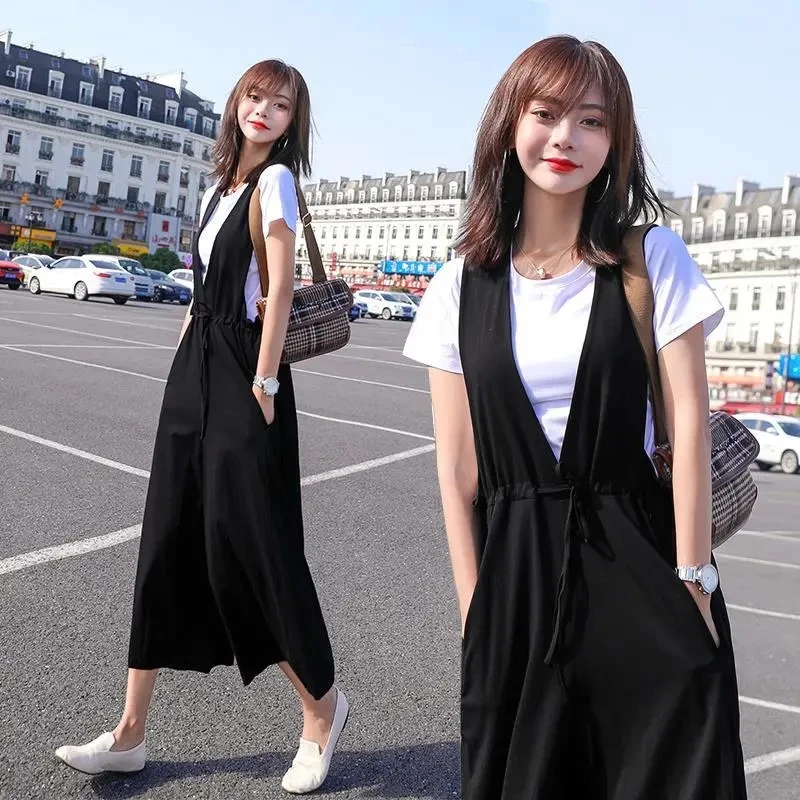 One Piece Jumsuits for Women Summer New Stylish Overalls Korean Black Wide Leg Calf Legnth Pants Jump Suits Slim Fashion Outfits