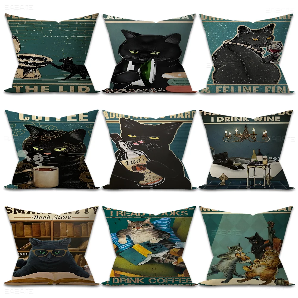 Black Drink Cat Vintage Pillow Covers Cartoon Sofa Decorative Home Double-sided Printing Short Plush Cute Cushion Cover