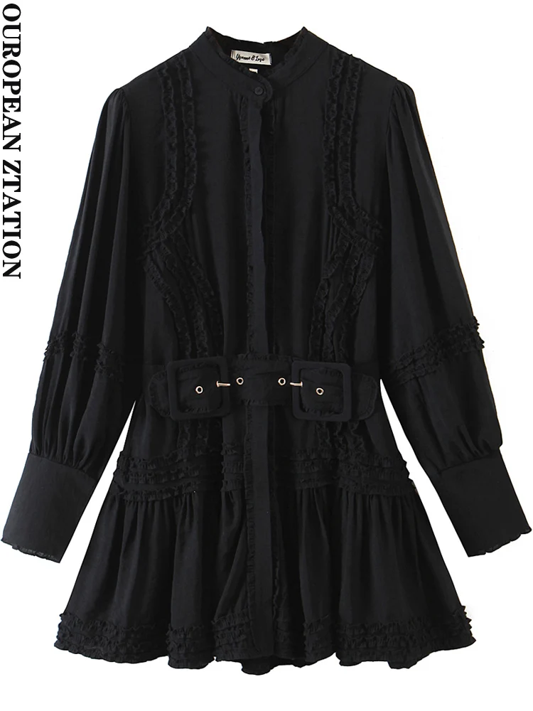 

PAILETE Women 2022 fashion with belt fungus edge mini dress vintage lantern long sleeve female dresses vestidos mujer