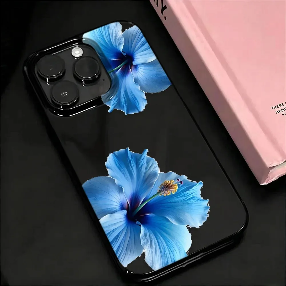 Фото Глянцевый черный чехол для телефона с цветком гибискуса для iPhone 17, 16, 15, 14 Plus, 13, 12, 11 Pro MAX, 17 Air, синий чехол с цветочным узором гибискуса №5
