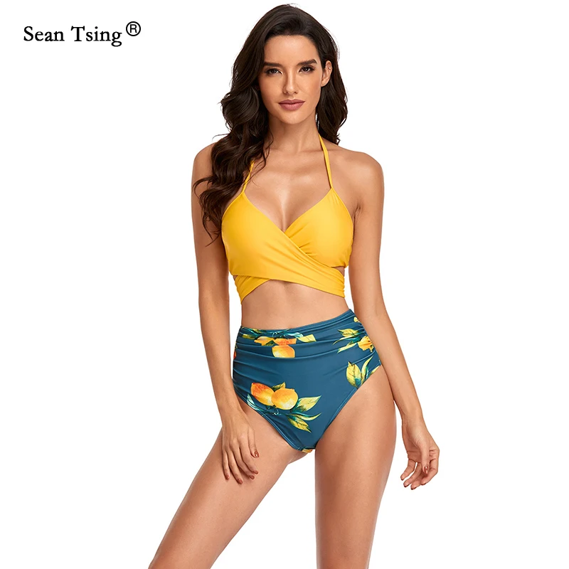 

Sean Tsing® Sexy Mid Waist Two Pieces Bikinis Women Cross Bandage Halter Swimsuit 2023 New Push Up Swimwear Bathing Beach Sets