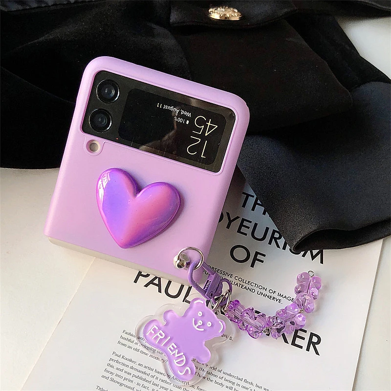 

Чехол для телефона Z Flip3 с 3D фиолетовым кристаллом и подвеской в виде медведя с блестящим любовным сердцем, чехол для телефона Samsung Galaxy Z Flip 3 5G,...