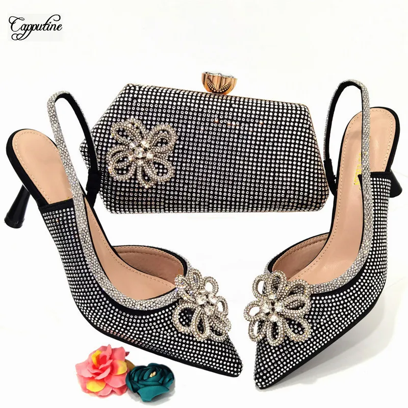 

Black Woman Shoes And Bag Set 2022 Fashion Ladies Pumps Sandals Matching With Purse Handbag Sandalias De Las Mujeres CR333