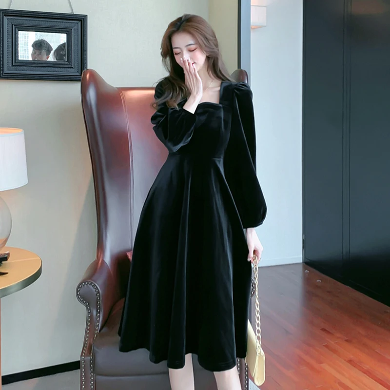 

Women Spring Elegant Long Black Velvet Dress 2022 New Female Square Collar Slim Waist A-line Dresses