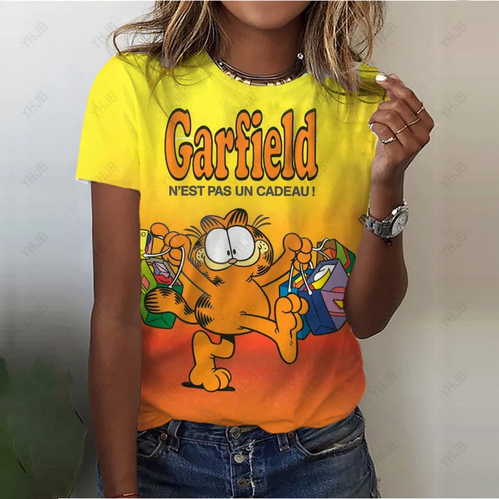 

Летняя Новинка 2023, милая женская футболка с героями аниме Garfield, женская футболка с 3d принтом, летняя повседневная футболка