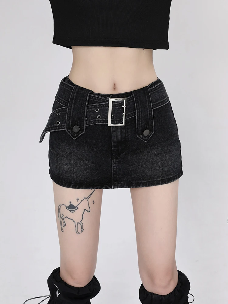

Женская джинсовая мини-юбка Y2k, винтажная черная юбка в стиле «Харадзюку» с завышенной талией, в стиле 1920-х годов, с ремнем