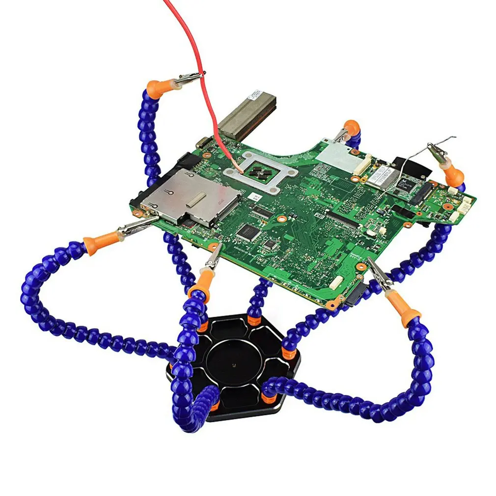 

Third Hand Soldering PCB Holder Tool Six Arms Helping Hands Crafts Workshop Helping Station Aluminum Base Wire Cutter Plier