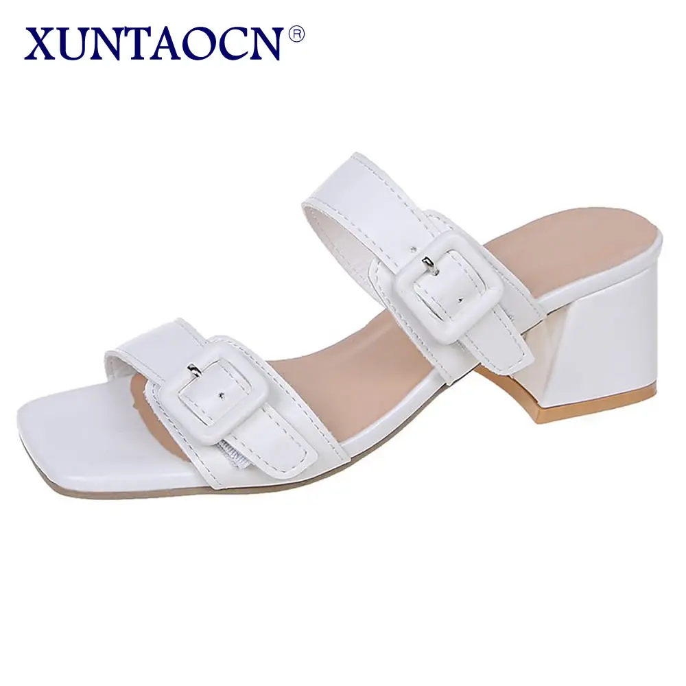 

Fashion Buckle Square Heels Slippers Women 2021 New Summer Open Toe Sandals Woman Black White Lady Shoes Plus Size 35-45