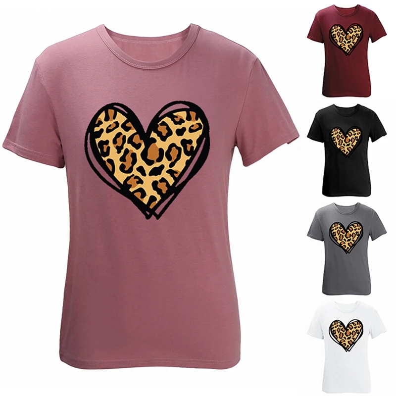 

Women's Fashion Casual Leopard Print Valentine's Day Love Letter Print Short Sleeve T-Shirt Top
